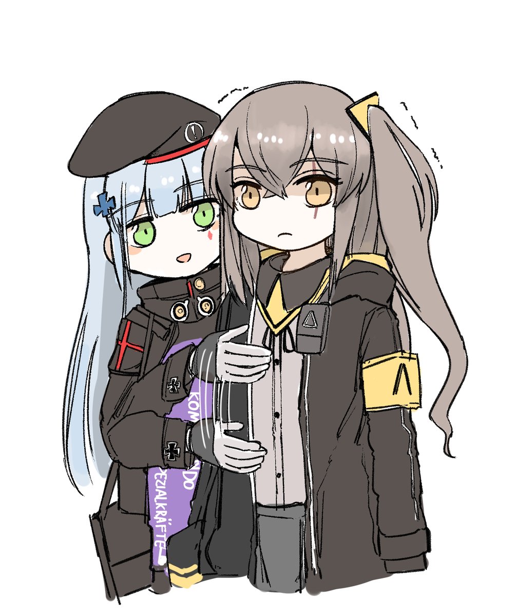 2girls armband arms_at_sides balkenkreuz bangs beret black_hat black_jacket blunt_bangs blush_stickers breast_conscious brown_eyes brown_hair clothes_writing crossed_bangs eyebrows_visible_through_hair facial_hair girls_frontline gloves green_eyes hair_ornament hat highres hk416_(girls_frontline) image_sample iron_cross jacket long_hair multiple_girls neck_ribbon omnisucker ribbon scar scar_across_eye sidelocks silver_hair teardrop trembling twintails twitter_sample ump45_(girls_frontline) uniform white_gloves