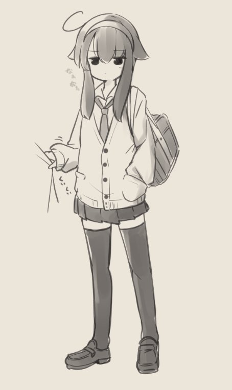 1girl ahoge bag bangs brown_background cardigan clothes_tug collared_shirt eyebrows_visible_through_hair full_body hair_between_eyes hair_flaps hairband hand_in_pocket loafers long_hair long_sleeves looking_at_viewer monochrome natsuki_teru necktie original pleated_skirt school_bag sepia shikibe_ayaka shirt shoes sidelocks simple_background skirt sleeves_past_wrists solo standing thigh-highs translation_request