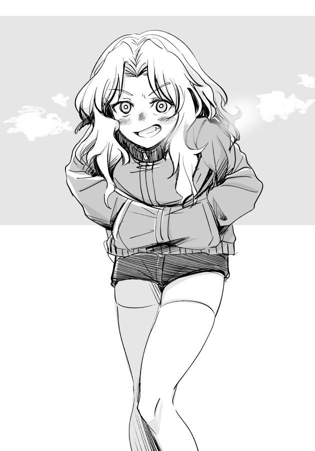 1girl blush breath cold commentary eyebrows_visible_through_hair girls_und_panzer greyscale grin hair_intakes hands_in_pockets jacket kay_(girls_und_panzer) leaning_forward long_hair long_sleeves looking_at_viewer military military_uniform mituki_(mitukiiro) monochrome saunders_military_uniform short_shorts shorts smile solo standing thigh-highs uniform v-shaped_eyebrows