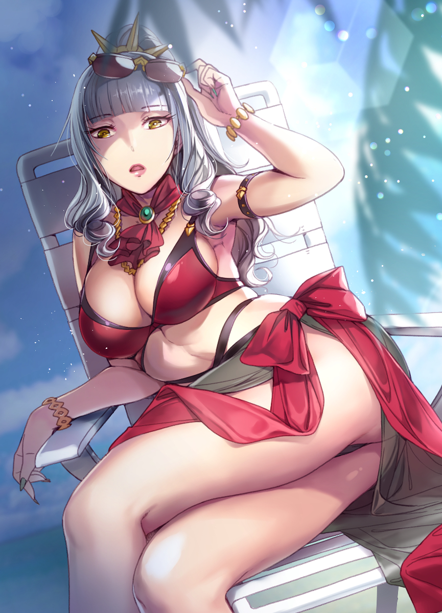 1girl :o arm_strap beach_chair bikini black_sarong bracelet breasts carmilla_(fate/grand_order) cleavage commentary_request cravat eyewear_on_head fate_(series) fingernails gem highres jeweled_cravat jewelry large_breasts lipstick long_fingernails long_hair looking_at_viewer makeup necklace nekomata_naomi ponytail red_bikini red_ribbon red_swimsuit ribbon sarong sharp_fingernails silver_hair sitting solo summertime_mistress_(fate/grand_order) sunglasses swimsuit tiara yellow_eyes