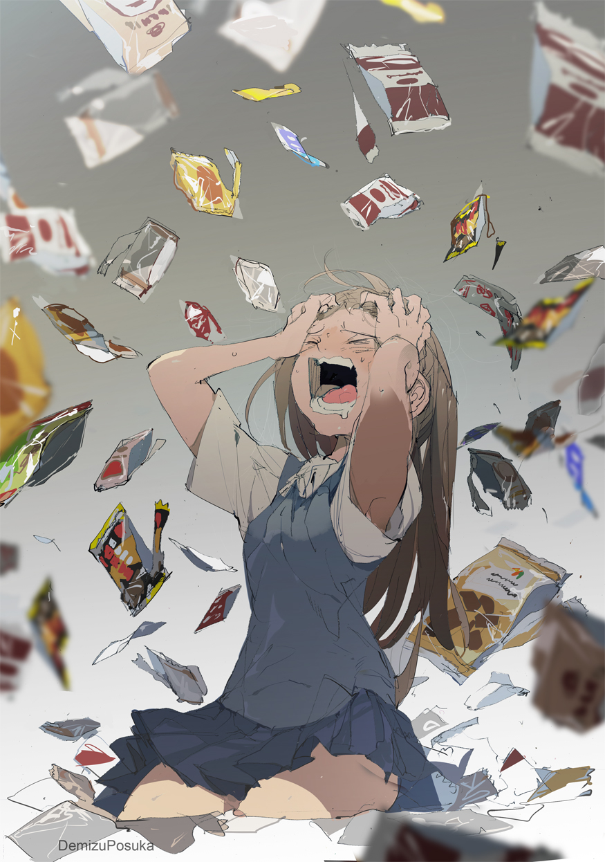 1girl armpits artist_name closed_eyes commentary crying demizu_posuka food gradient gradient_background grey_background hands_on_own_head highres kneeling light_brown_hair long_hair open_mouth original school_uniform screaming sketch sobbing solo tongue twitter_username vest white_background wrapper