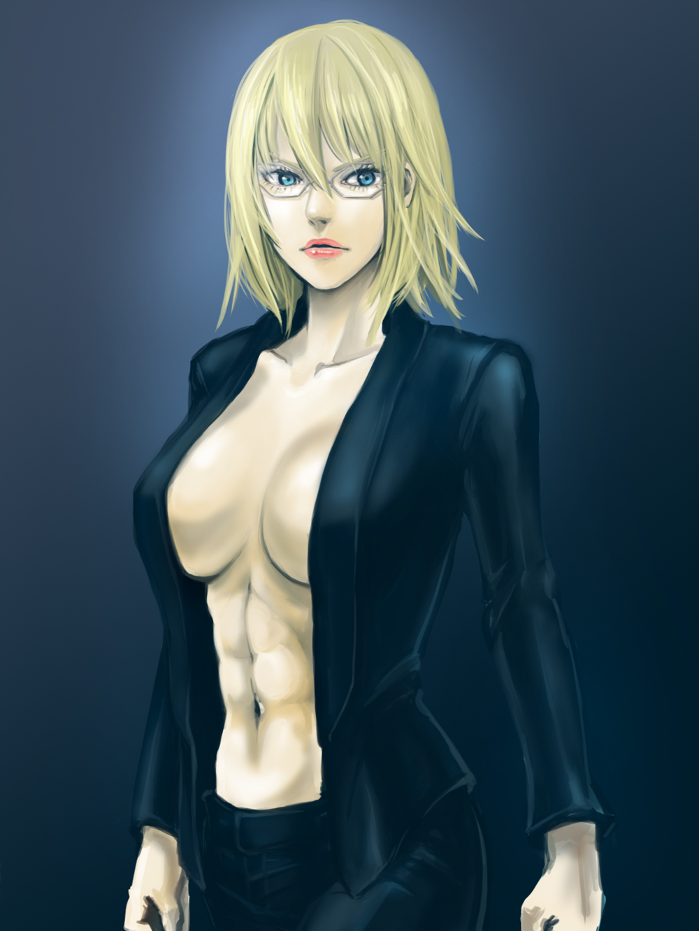 10s 1girl abs blonde_hair blue_eyes breasts female glasses highres large_breasts lips lipstick looking_at_viewer makeup michelle_k._davis miso-234 muscle muscular_female navel no_bra open_clothes short_hair solo standing terra_formars