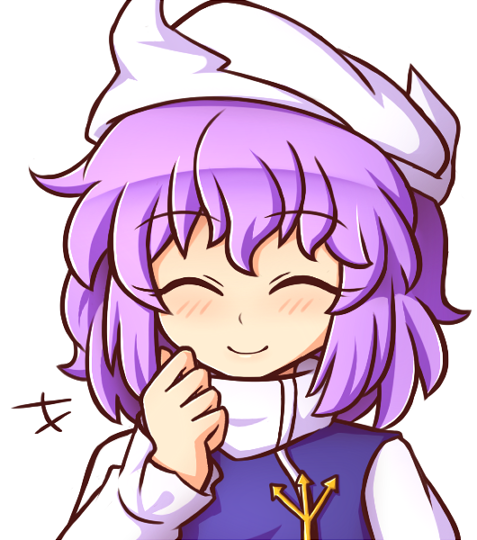 1girl ^_^ bangs blue_vest blush closed_eyes closed_eyes commentary commission eyebrows_visible_through_hair facing_viewer hand_up hat letty_whiterock long_sleeves polearm purple_hair shirt short_hair simple_background smile solo touhou trident turtleneck upper_body vest weapon white_background white_hat white_shirt wool_(miwol)