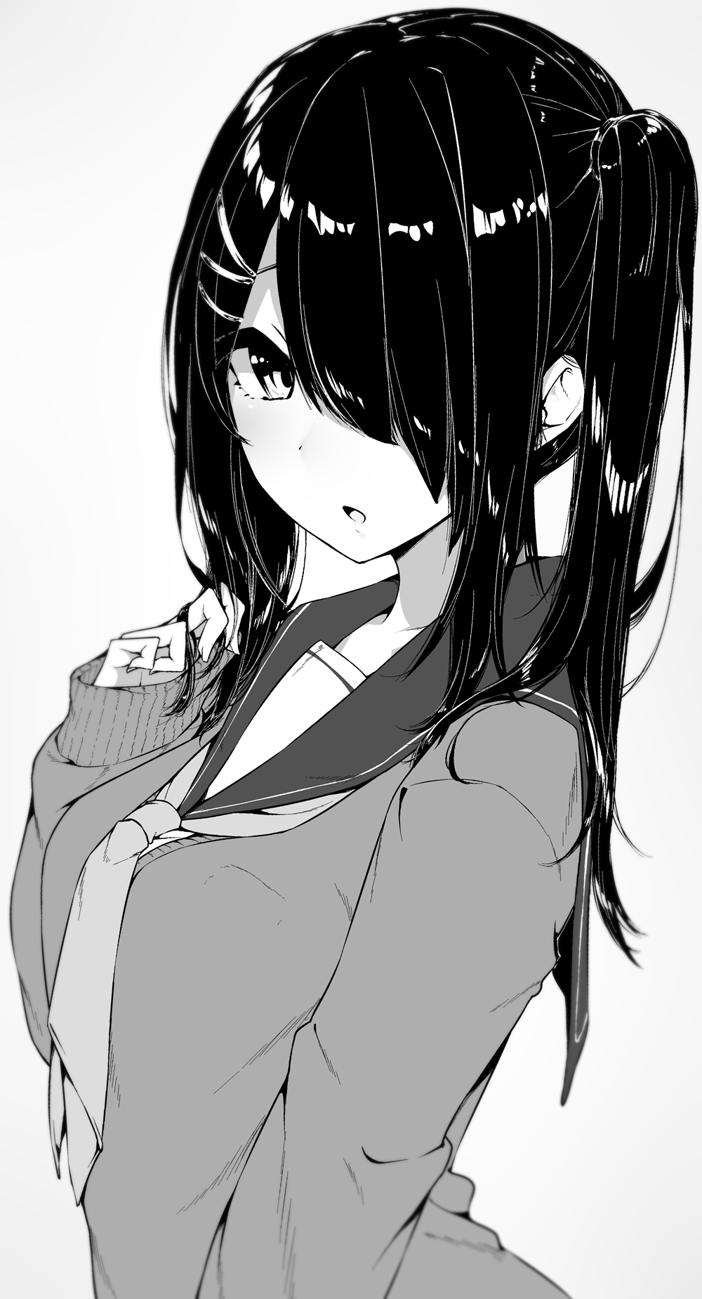 1girl bangs black_hair blunt_bangs breasts character_request copyright_request greyscale hair_ornament hair_over_one_eye hand_up highres monochrome neckerchief open_mouth sailor_collar school_uniform side_ponytail simple_background single_horizontal_stripe sleeves_past_wrists solo sweater upper_body white_background x_hair_ornament yukichi_(sukiyaki39)