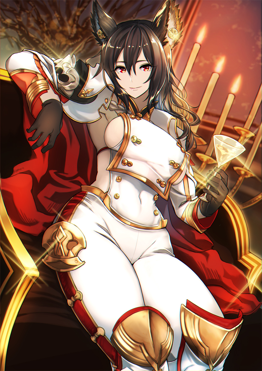 1girl akai_kagerou animal_ears armpits black_hair blurry blush breasts candle cape closed_mouth commentary_request couch cowboy_shot cup depth_of_field drinking_glass dutch_angle ear_ornament erune gloves granblue_fantasy hair_between_eyes hat hat_removed headwear_removed highres ilsa_(granblue_fantasy) indoors large_breasts light_smile long_hair looking_at_viewer medium_breasts military military_uniform pants pink_lips red_eyes sideboob sitting smile solo uniform wavy_hair white_pants wine_glass