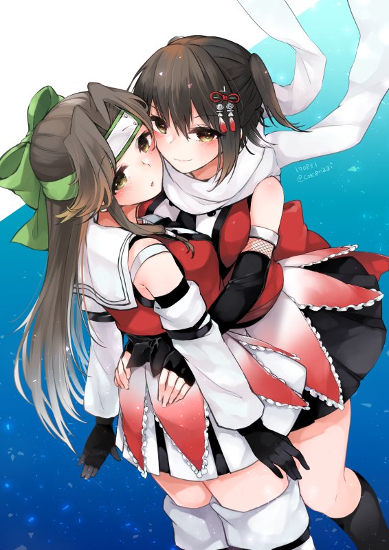 black_gloves black_neckwear black_skirt brown_eyes brown_hair commentary_request detached_sleeves elbow_gloves fingerless_gloves forehead_protector gloves hachimaki hair_intakes hair_ornament half_updo headband hug jintsuu_(kantai_collection) kantai_collection long_hair nagihashi_koko neckerchief scarf school_uniform sendai_(kantai_collection) serafuku skirt thigh-highs twitter_username two_side_up white_scarf yuri