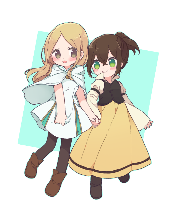 2girls 697_mono_71 blonde_hair blush brown_hair chibi dress full_body gloves green_eyes hand_holding jewelry long_hair looking_at_viewer multiple_girls necklace octopath_traveler open_mouth ophilia_(octopath_traveler) pantyhose short_hair simple_background smile tressa_(octopath_traveler)