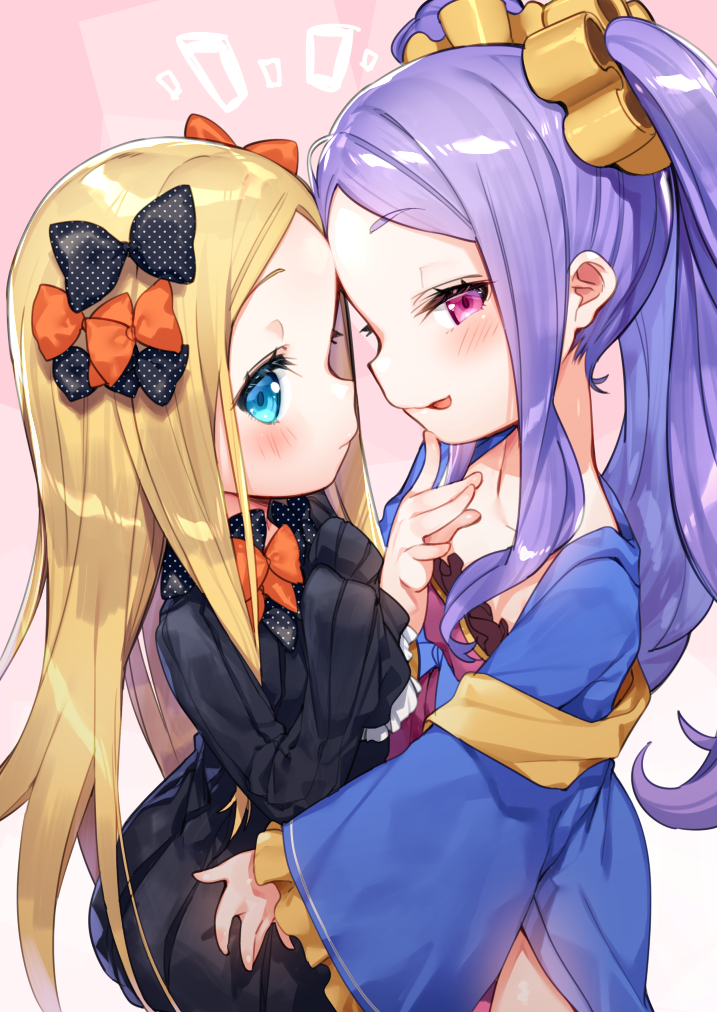 1girl 2girls abigail_williams_(fate/grand_order) bangs black_bow black_dress blonde_hair blue_eyes blush bow breasts chinese_clothes closed_mouth collarbone dress fate/grand_order fate_(series) forehead hair_bow hair_ornament hand_on_another's_hip licking_lips long_hair long_sleeves looking_at_viewer multiple_girls orange_bow parted_bangs pink_background polka_dot polka_dot_bow purple_dress purple_hair shiny shiny_hair sleeves_past_fingers sleeves_past_wrists small_breasts smile tongue tongue_out tousaki_shiina twintails very_long_hair violet_eyes wide_sleeves wu_zetian_(fate/grand_order)