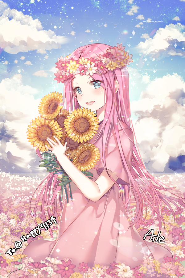 1girl :d aile_(crossroads) artist_name bangs blue_eyes blue_sky blush clouds cloudy_sky commentary_request day dress eyebrows_visible_through_hair field flower flower_field flower_wreath head_wreath holding holding_flower horizon long_hair open_mouth original outdoors parted_bangs pink_dress pink_hair short_sleeves signature sky smile solo sunflower very_long_hair wide_sleeves yellow_flower