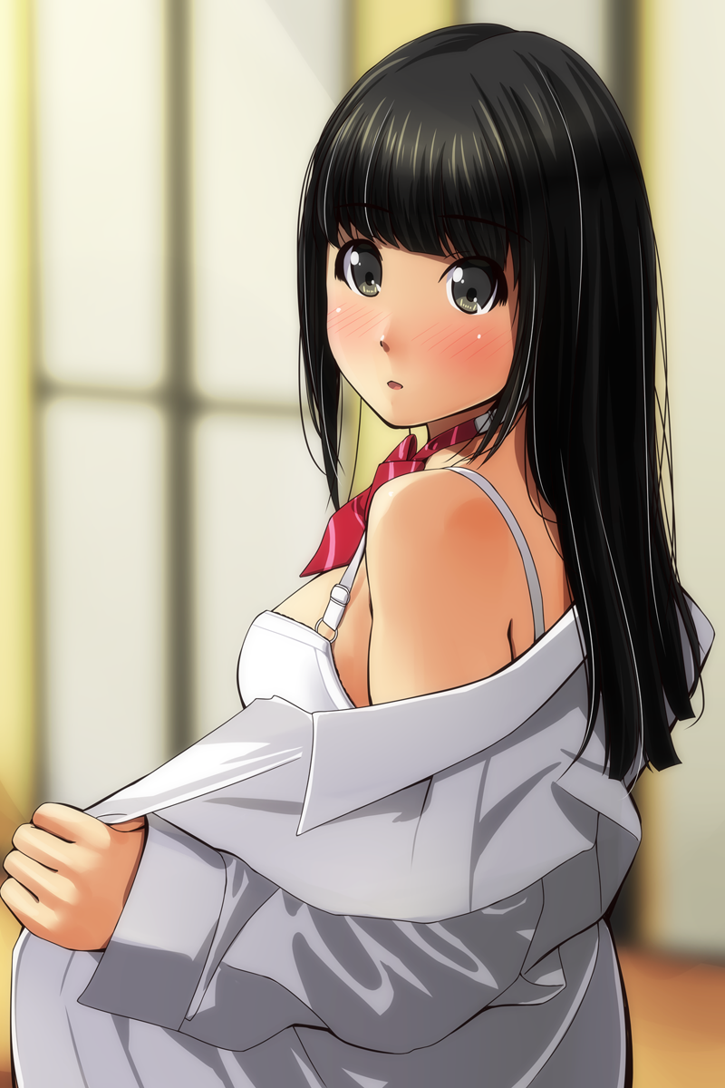 1girl bangs black_eyes black_hair blurry blurry_background blush bra commentary_request depth_of_field diagonal-striped_neckwear diagonal_stripes eyebrows_visible_through_hair grey_shirt highres indoors long_hair long_sleeves looking_at_viewer looking_to_the_side matsunaga_kouyou nose_blush off_shoulder open_clothes open_shirt original parted_lips red_neckwear shirt sleeves_past_wrists solo standing striped striped_neckwear underwear white_bra