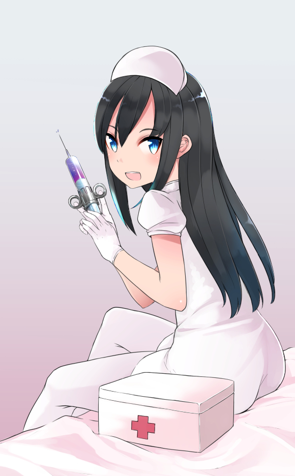 1girl alternate_costume arms_up asashio_(kantai_collection) bangs bed black_hair blue_eyes blush comah commentary_request dress eyebrows_visible_through_hair first_aid_kit gloves hat holding kantai_collection long_hair looking_at_viewer nurse nurse_cap open_mouth puffy_short_sleeves puffy_sleeves short_sleeves sitting smile solo syringe thigh-highs white_dress white_gloves white_legwear