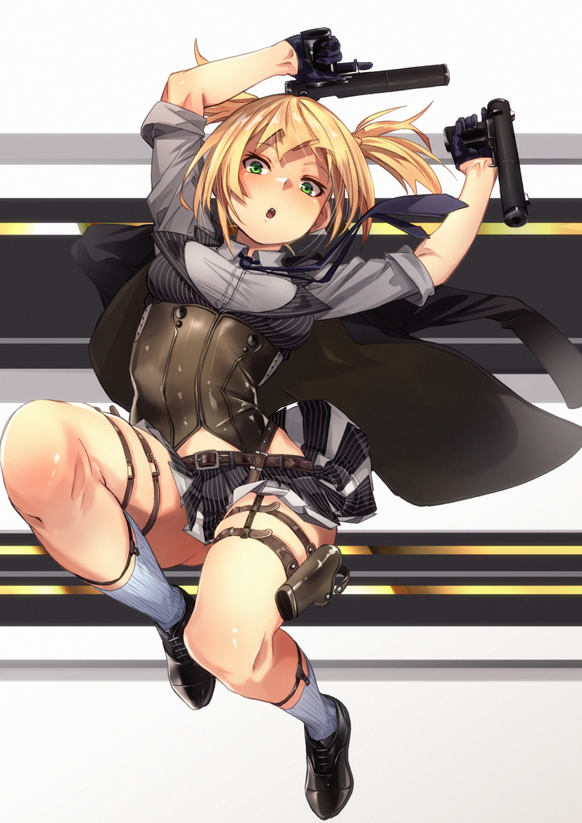 1girl arms_up bangs black_footwear black_gloves black_jacket blonde_hair blush braid breasts closed_mouth collared_shirt corset dual_wielding eyebrows_visible_through_hair fu-ta full_body girls_frontline gloves green_eyes grey_shirt gun half_gloves holding holding_gun holding_weapon holster jacket jacket_on_shoulders jumping loafers looking_at_viewer medium_breasts necktie open_mouth shirt shoes short_hair sidelocks skirt sleeves_folded_up socks solo striped striped_skirt striped_vest thigh_holster thigh_strap twintails vest weapon welrod_mk2 welrod_mk2_(girls_frontline)