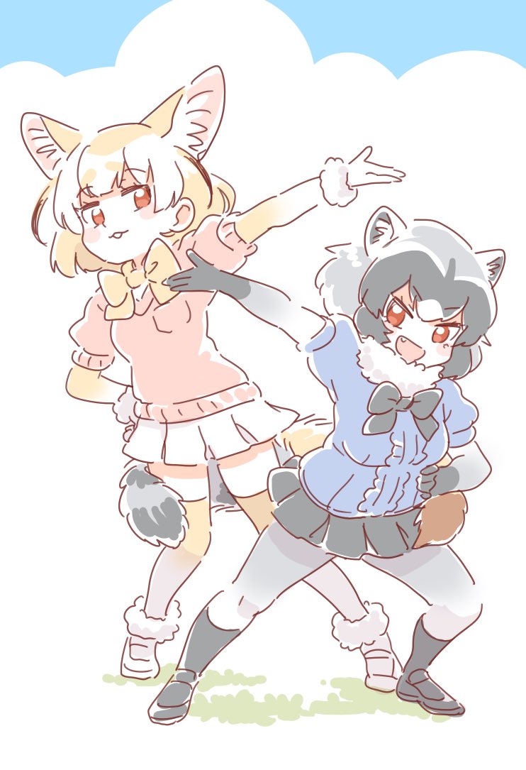 2girls :3 :d animal_ears arm_up black_footwear black_gloves black_hair black_neckwear black_skirt blonde_hair bow bowtie breast_pocket brown_eyes clouds common_raccoon_(kemono_friends) day extra_ears eyebrows_visible_through_hair fang fennec_(kemono_friends) fox_ears fox_tail fur_collar fur_trim gloves green_hat hand_on_hip hat kemono_friends miniskirt mitsumoto_jouji multiple_girls open_mouth outdoors pantyhose pleated_skirt pocket raccoon_ears raccoon_tail short_sleeves skirt sky smile tail thigh-highs white_footwear white_gloves white_legwear white_skirt yellow_legwear yellow_neckwear zettai_ryouiki