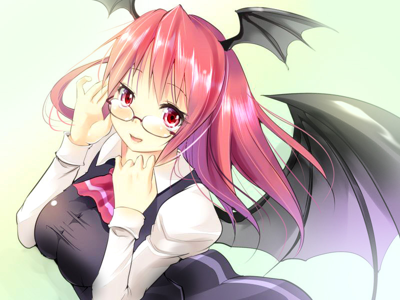 1girl :d adjusting_eyewear ascot bat_wings bespectacled breasts collared_shirt commentary_request dress_shirt eyebrows_visible_through_hair eyelashes glasses green_background hair_between_eyes hand_on_own_chest head_wings juliet_sleeves koakuma large_breasts long_hair long_sleeves looking_at_viewer maki_(seventh_heaven_maxion) open_mouth puffy_sleeves red_eyes red_neckwear redhead semi-rimless_eyewear shirt sidelocks simple_background skirt skirt_set smile taut_clothes touhou vest white_shirt wings