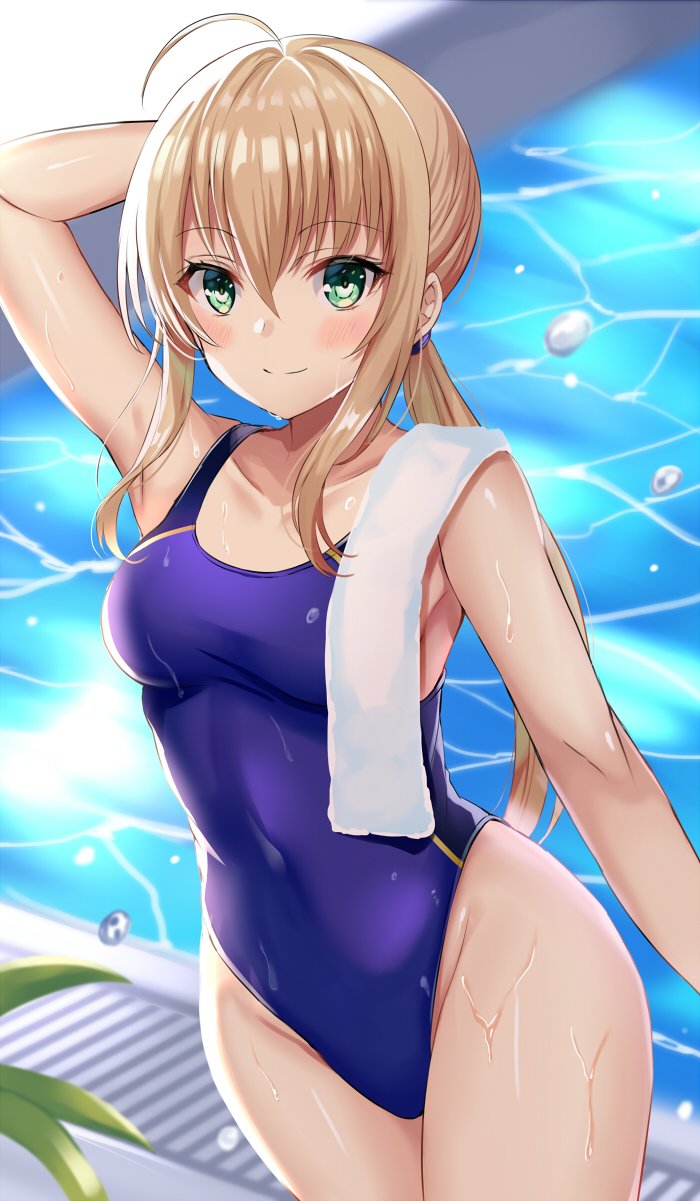 1girl ahoge arm_up armpits artoria_pendragon_(all) bangs blonde_hair blue_swimsuit blush breasts collarbone cowboy_shot day eyebrows_visible_through_hair fate/stay_night fate_(series) green_eyes groin hair_tie hand_behind_head harimoji highres leaf looking_at_viewer low_ponytail medium_breasts one-piece_swimsuit ponytail poolside saber sidelocks smile solo swimsuit taut_clothes taut_swimsuit thighs towel water_drop wet