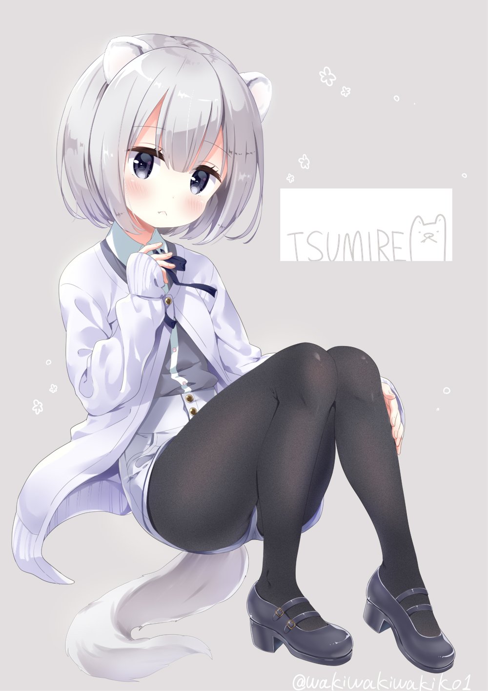 1girl :&lt; animal_ears black_footwear black_legwear blue_bow blush bow closed_mouth collared_shirt commentary_request dress_shirt fang fang_out ferret_ears ferret_tail fingernails full_body grey_background grey_hair grey_shirt hand_on_leg head_tilt high_heels highres jacket long_sleeves looking_at_viewer neki_(wakiko) open_clothes open_jacket original pantyhose purple_jacket shirt shoes short_hair short_shorts shorts sitting sleeves_past_wrists tail twitter_username white_shorts