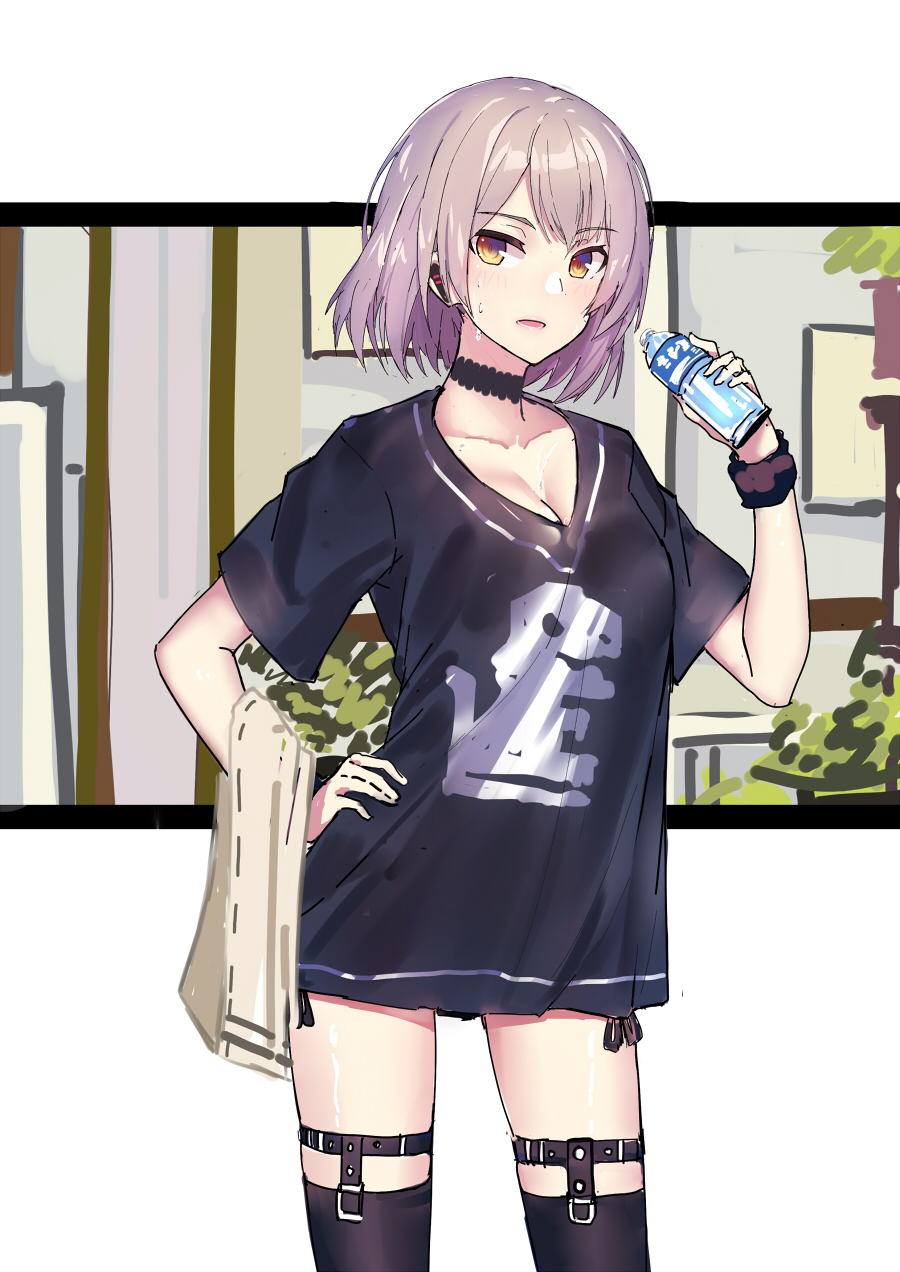 1girl bottle choker commentary_request earpiece echj frilled_choker frills garter_straps girls_frontline grey_hair highres looking_at_viewer multicolored multicolored_eyes shirt solo sweat t-shirt thigh-highs thighs towel vector_(girls_frontline) water_bottle wristband