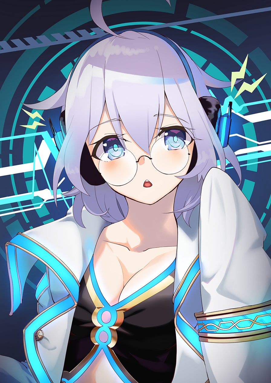 1girl :&lt; ahoge black_shirt blue_eyes blush breasts cleavage collarbone commentary_request copyright_request glasses hand_up head_tilt headphones highres jacket lightning_bolt long_hair long_sleeves looking_at_viewer medium_breasts open_clothes open_jacket parted_lips round_eyewear shirt silver_hair sleeves_past_fingers sleeves_past_wrists solo soupchan triangle_mouth virtual_youtuber white_jacket