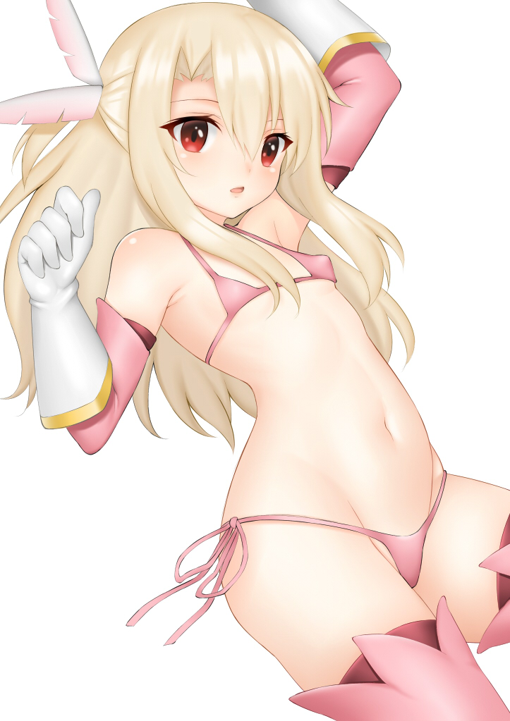 1girl bangs bikini blonde_hair blush breasts collarbone elbow_gloves fate/kaleid_liner_prisma_illya fate_(series) feathers gloves hair_feathers hips illyasviel_von_einzbern long_hair looking_at_viewer micro_bikini navel open_mouth parted_lips pink_bikini pink_legwear red_eyes side-tie_bikini simple_background small_breasts solo swimsuit thighs toshishikisai waist white_background white_gloves