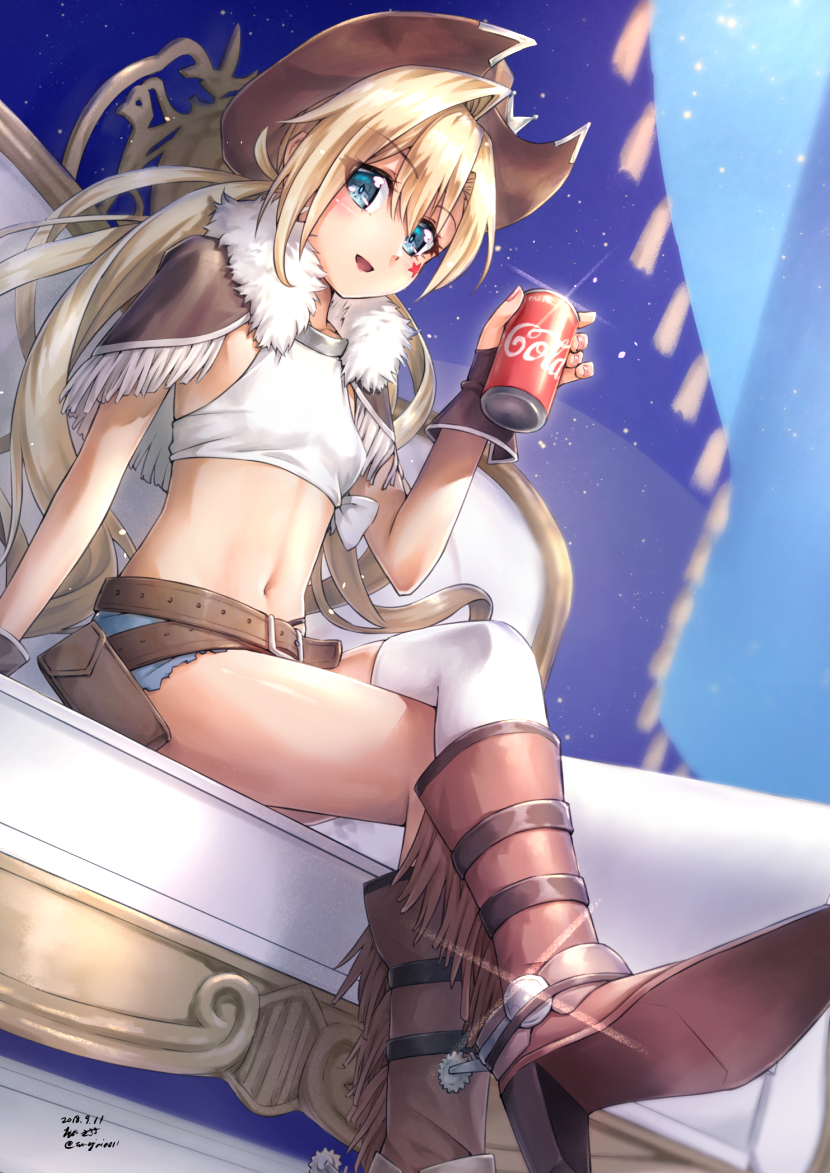 1girl bangs belt belt_pouch blonde_hair blue_eyes blush boots breasts brown_footwear brown_hat can capelet coca-cola colt_m1873_(girls_frontline) commentary_request couch cowboy_boots cowboy_hat crop_top dated denim denim_shorts eyebrows_visible_through_hair facial_mark fingerless_gloves fur_trim girls_frontline gloves hat holding legs_crossed long_hair looking_at_viewer navel open_mouth pouch sarasa_(kanbi) sheriff_badge shorts single_thighhigh sitting small_breasts smile solo sparkle spurs star thigh-highs twintails twitter_username white_legwear