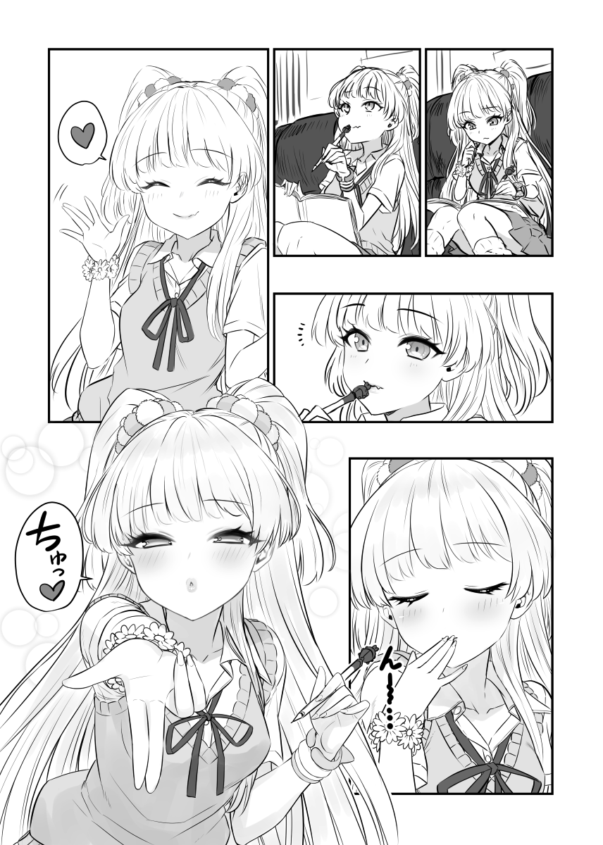 1girl bangs blown_kiss blush closed_eyes comic commentary_request couch eyebrows_visible_through_hair fang fang_out fingernails greyscale heart highres idolmaster idolmaster_cinderella_girls jougasaki_rika lips long_hair looking_at_viewer monochrome notebook pen school_uniform short_sleeves sitting smile solo spoken_heart two_side_up waving yapo_(croquis_side)