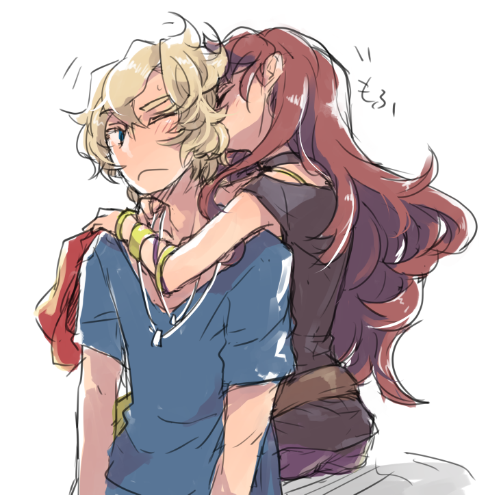 1boy 1girl black_shirt blonde_hair blue_eyes blue_shirt bracelet brown_hair collarbone floating_hair hug isuzu_(log_horizon) jewelry log_horizon long_hair lunderhaus_cord mo_(deciliter) necklace one_eye_closed shirt short_sleeves sketch very_long_hair