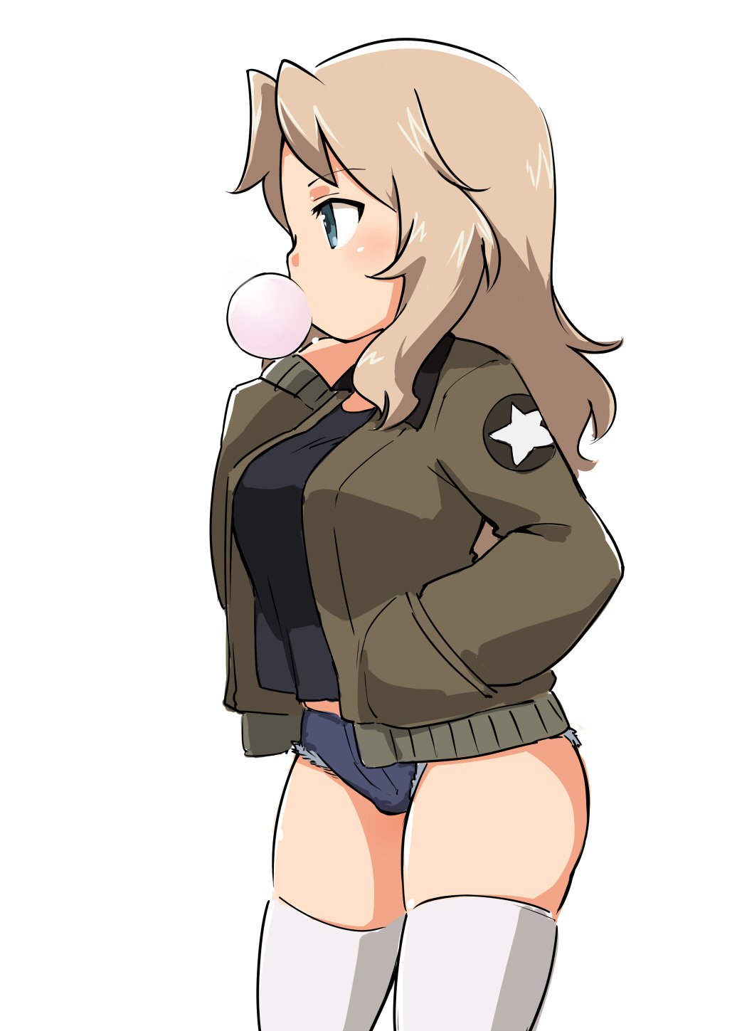 1girl black_shirt blonde_hair blue_eyes blue_shorts brown_jacket bubble_blowing chewing_gum commentary cowboy_shot cutoffs denim denim_shorts emblem eyebrows_visible_through_hair girls_und_panzer hair_intakes hamahara_yoshio hand_in_pocket hand_on_own_shoulder highres jacket kay_(girls_und_panzer) long_hair long_sleeves micro_shorts military military_uniform open_clothes open_jacket open_mouth saunders_military_uniform shirt shorts simple_background skindentation solo standing star thigh-highs thighs uniform white_background white_legwear