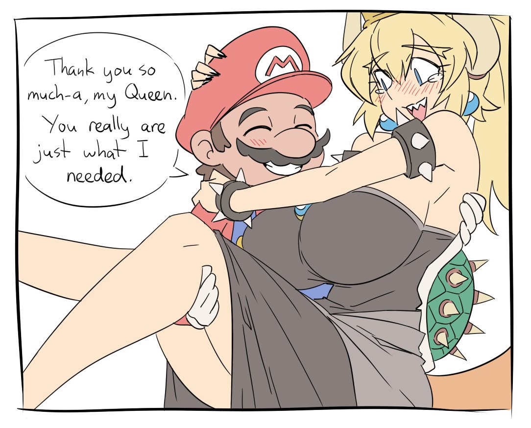 1boy 1girl black_nails blue_eyes blush borrowed_character bowsette breasts brown_hair cabbie_hat carrying cleavage closed_eyes colored comic couple crown dress earrings english facial_hair forked_eyebrows genderswap genderswap_(mtf) happy hat horns humanization jewelry large_breasts lineart mario super_mario_bros. matsu-sensei mustache nail_polish new_super_mario_bros._u_deluxe nintendo ponytail princess_carry sharp_teeth simple_background sketch smile speech_bubble spiked_shell super_crown tail tears teeth text_focus turtle_shell white_background