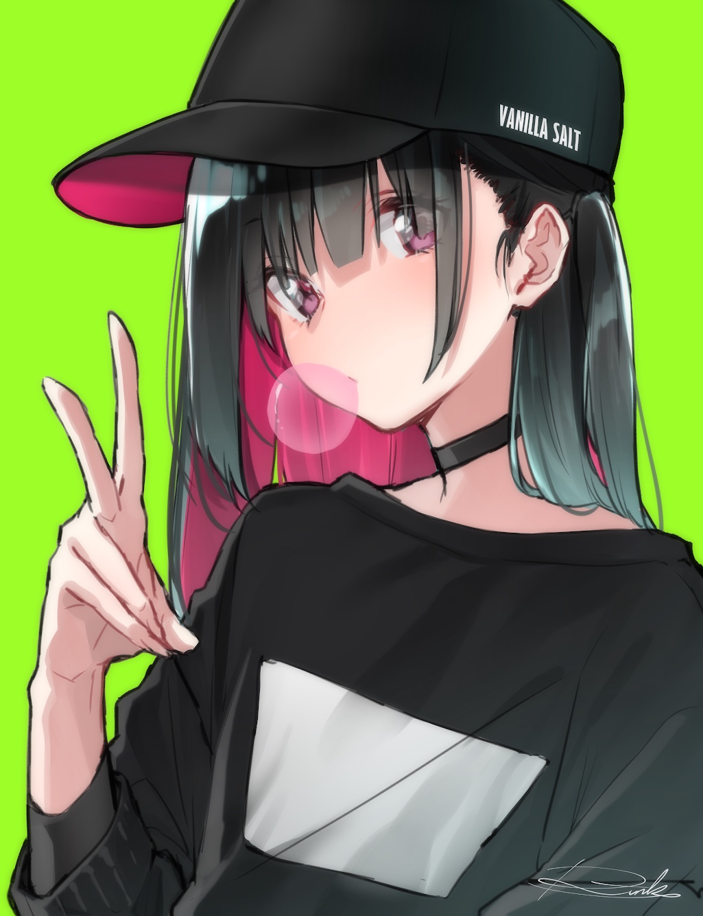 1girl artist_name bangs baseball_cap black_hair black_shirt blush bubble_blowing chewing_gum green_background hand_up hat highres long_hair looking_at_viewer original rinku_(rin9) shirt sidelocks signature simple_background solo t-shirt v violet_eyes