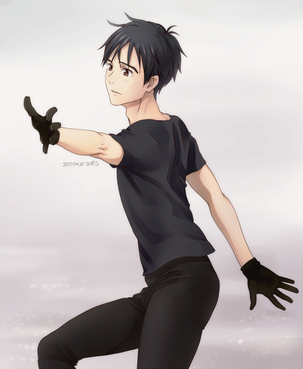 1boy 2017 black_gloves black_hair brown_eyes dated gloves katsuki_yuuri male_focus outstretched_arm shirt t-shirt yamano_uzura yuri!!!_on_ice