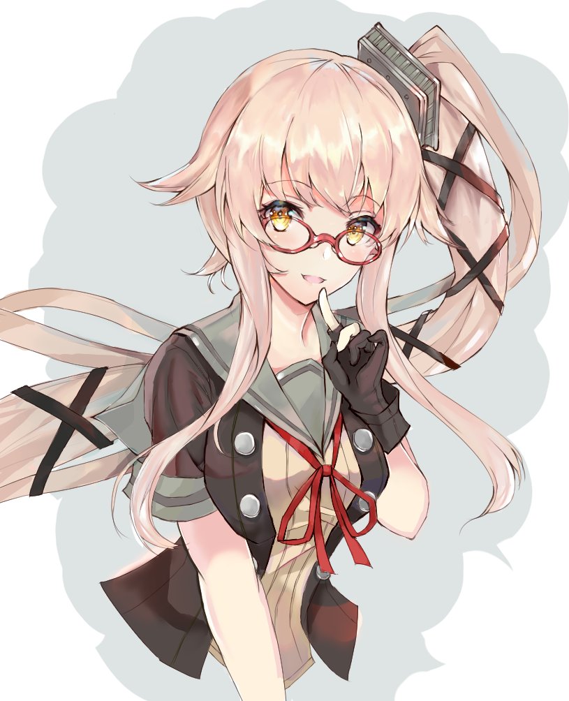 black_gloves black_jacket black_ribbon buttons eriyama_(user_csua4255) glasses gloves grey_sailor_collar hair_flaps hair_ribbon jacket kantai_collection long_hair neck_ribbon partly_fingerless_gloves pink_hair ponytail red_ribbon remodel_(kantai_collection) ribbon sailor_collar school_uniform serafuku short_sleeves side_ponytail simple_background very_long_hair yellow_eyes yura_(kantai_collection)