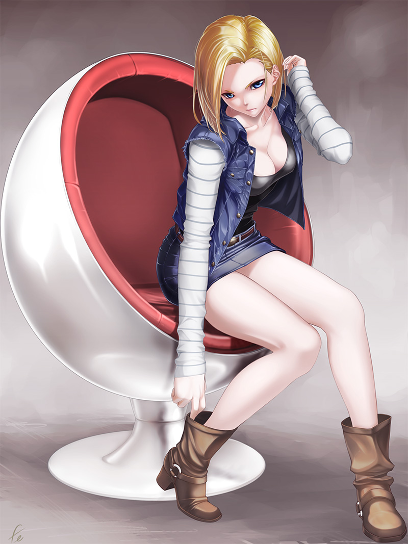 1girl adjusting_footwear adjusting_hair android_18 belt blonde_hair blue_eyes boots breasts brown_footwear cleavage collarbone denim denim_skirt denim_vest dragon_ball dragonball_z egg_chair fenrir_(fenlil0316) jacket looking_at_viewer medium_breasts short_hair sitting skirt solo