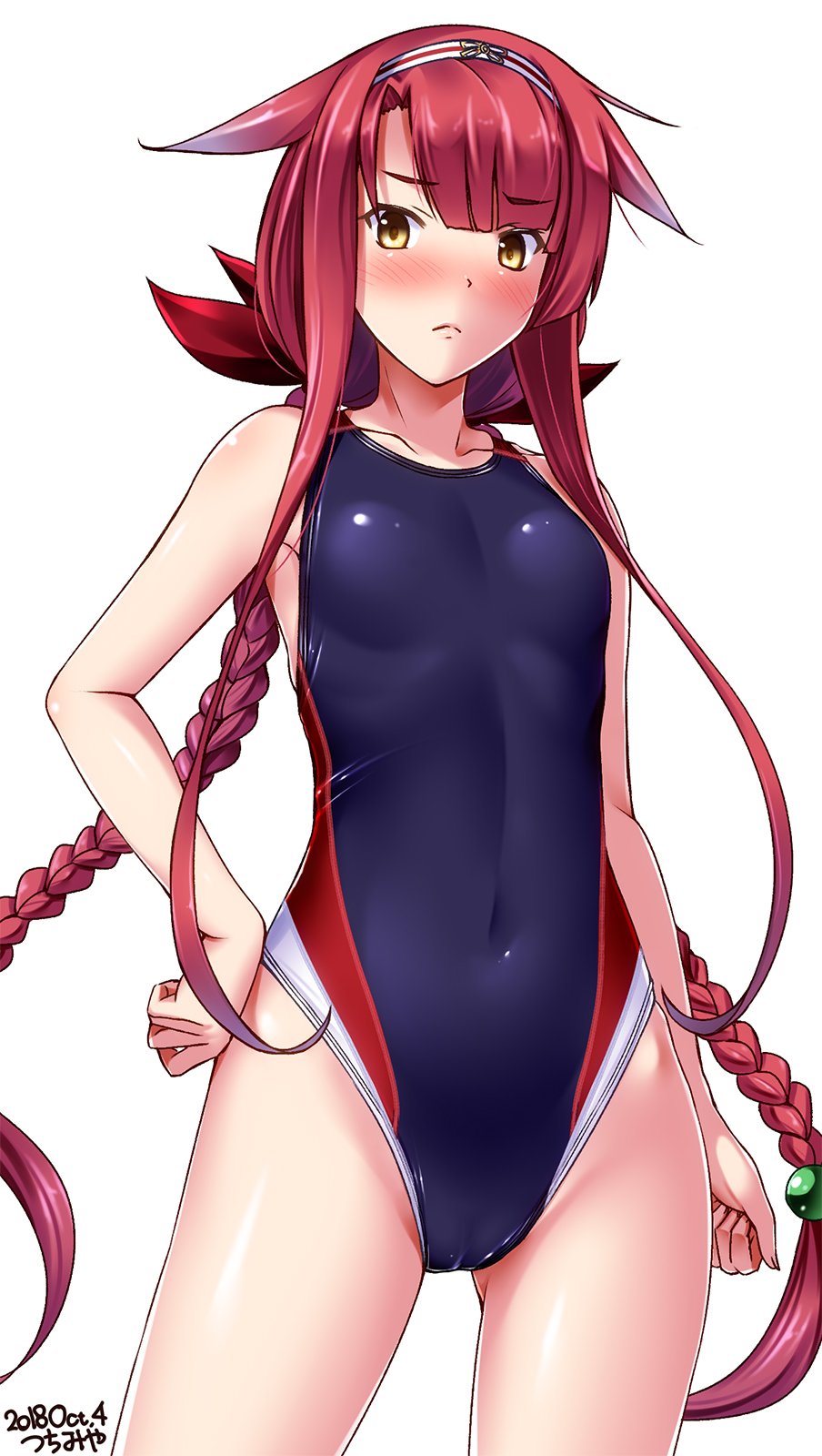 1girl artist_name asymmetrical_bangs bangs black_swimsuit blush braid collarbone competition_swimsuit covered_navel cowboy_shot dated eyebrows_visible_through_hair flat_chest gluteal_fold hair_flaps hair_ribbon hairband hand_on_hip highres kantai_collection kawakaze_(kantai_collection) long_hair looking_at_viewer low_twintails one-piece_swimsuit redhead remodel_(kantai_collection) ribbon sidelocks simple_background solo standing swimsuit tsuchimiya twin_braids twintails very_long_hair white_background yellow_eyes