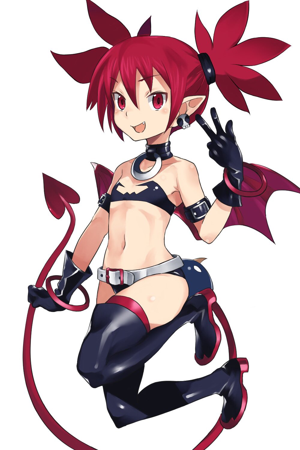1girl arm_belt bangs bell bell_choker bikini black_bikini black_footwear black_gloves black_scrunchie boots bracelet choker commentary demon_girl demon_tail demon_wings disgaea earrings elbow_gloves etna eyebrows_visible_through_hair fang flat_chest fujitsubo_(hujitubo0731) gloves highres jewelry jumping looking_at_viewer makai_senki_disgaea mini_wings navel open_mouth pointy_ears pointy_hair red_eyes red_tail red_wings redhead scrunchie short_hair simple_background skull_earrings smile solo strapless strapless_bikini swimsuit tail thigh-highs thigh_boots twintails w white_background white_belt wings