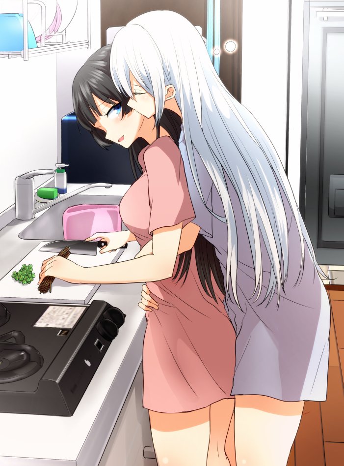 2girls alternate_costume black_hair blush bowl breasts casual cheek_kiss closed_eyes commentary_request cooking cowboy_shot day eyebrows_visible_through_hair food from_side hair_down higuchi_kaede hug hug_from_behind indoors kiss kitchen knife long_hair looking_at_another medium_breasts mixing_bowl mole mole_under_eye multiple_girls nijisanji open_mouth pajamas plate rikosyegou silver_hair sleepy standing tsukino_mito very_long_hair virtual_youtuber window wooden_floor yuri