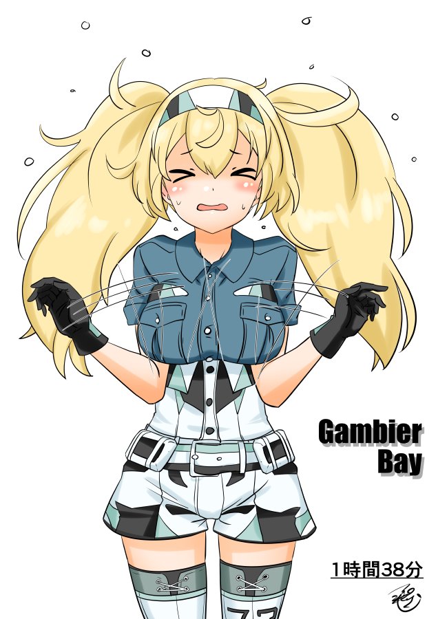 &gt;_&lt; belt blonde_hair blue_shirt breast_pocket breasts buttons collared_shirt commentary_request english flying_sweatdrops gambier_bay_(kantai_collection) gloves hair_between_eyes hairband kantai_collection large_breasts multicolored multicolored_clothes multicolored_gloves pocket shirt short_sleeves shorts signature thigh-highs tsukino_murakumo twintails white_background white_legwear