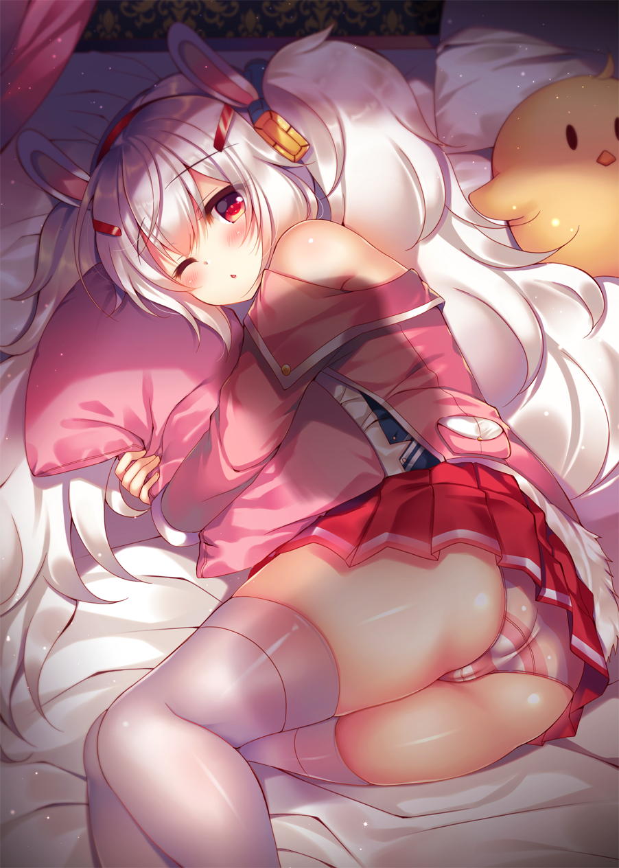 1girl animal_ears ass azur_lane bangs bare_shoulders blush breasts commentary_request eyebrows_visible_through_hair hair_between_eyes hair_ornament hairband highres jacket laffey_(azur_lane) long_hair long_sleeves looking_at_viewer lying off_shoulder on_bed on_side one_eye_closed open_clothes open_jacket open_mouth panties parted_lips pillow pillow_hug pink_jacket pleated_skirt pov rabbit_ears red_eyes red_hairband red_skirt shiny shiny_skin silver_hair skirt solo striped striped_panties stuffed_animal stuffed_toy suzune_rena thigh-highs thighs twintails underwear very_long_hair white_legwear