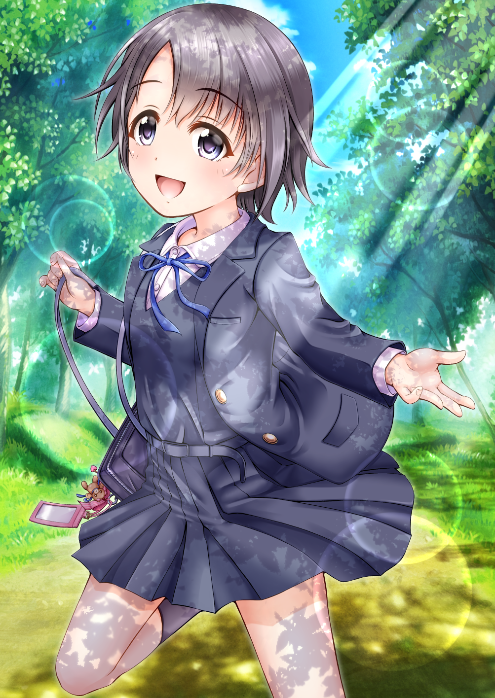 1girl :d bag bag_charm bangs black_hair black_jacket black_legwear black_skirt blazer blue_ribbon blue_sky blush charm_(object) clouds collared_shirt commentary_request day dress_shirt eyebrows_visible_through_hair fingernails grass hair_between_eyes highres idolmaster idolmaster_cinderella_girls idolmaster_cinderella_girls_starlight_stage jacket kneehighs long_sleeves neck_ribbon open_blazer open_clothes open_jacket open_mouth otokura_yuuki outdoors pleated_skirt regular_mow ribbon school_bag shadow shirt skirt sky smile solo standing standing_on_one_leg sunlight tree violet_eyes white_shirt