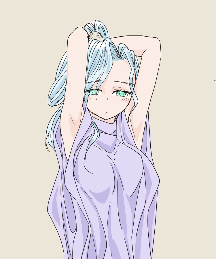 1girl aqua_eyes arms_up beige_background blue_hair blush breasts chrono_trigger commentary commentary_request high_ponytail long_hair looking_at_viewer parted_lips ponytail robe s-a-murai schala_zeal simple_background solo upper_body