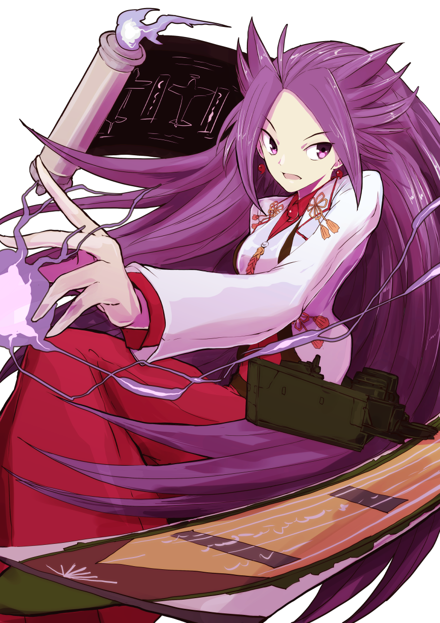 blouse boushi-ya commentary hakama highres japanese_clothes jun'you_(kantai_collection) kantai_collection long_hair magatama onmyouji purple_hair remodel_(kantai_collection) scroll shikigami spiky_hair violet_eyes