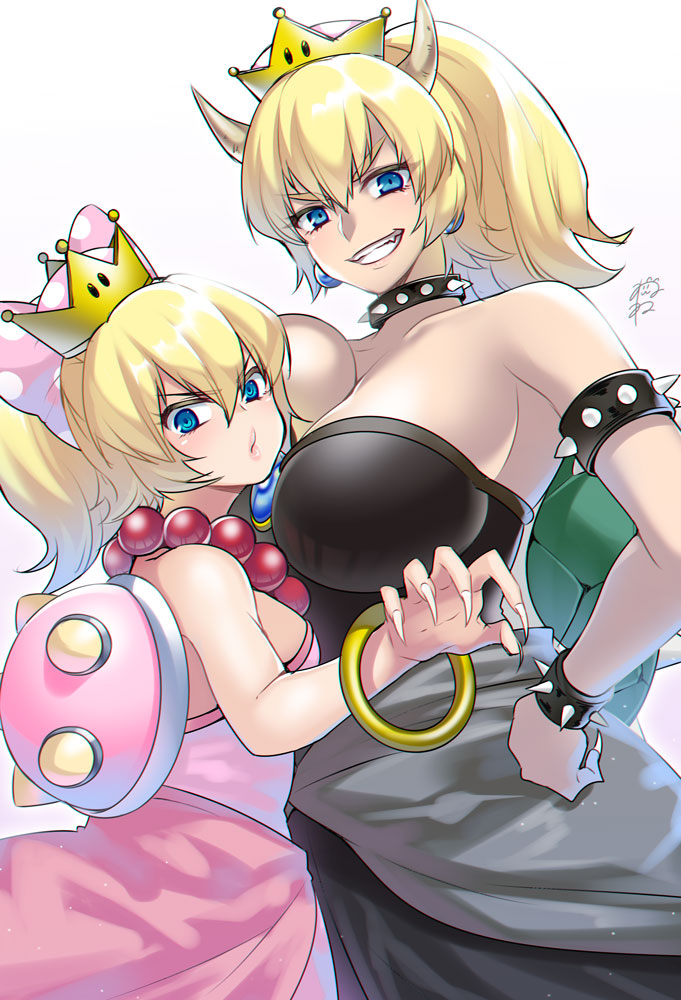 2girls blonde_hair blue_eyes bowsette breast_press breasts cleavage dress fingernails genderswap genderswap_(mtf) horns large_breasts looking_at_viewer super_mario_bros. multiple_girls new_super_mario_bros._u_deluxe nintendo princess_peach sharp_fingernails sharp_teeth smile spiked_shell super_crown suzuki_nene teeth wendy_o._koopa