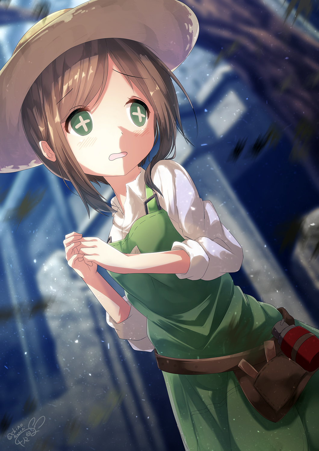 +_+ 1girl apron bag bangs blurry blurry_background blush brown_hair character_request chinomaron commentary_request depth_of_field dutch_angle emma_woods eyebrows_visible_through_hair green_apron green_eyes hands_up highres identity_v long_sleeves own_hands_together parted_bangs parted_lips satchel shirt sidelocks signature sleeves_folded_up solo standing twitter_username white_shirt