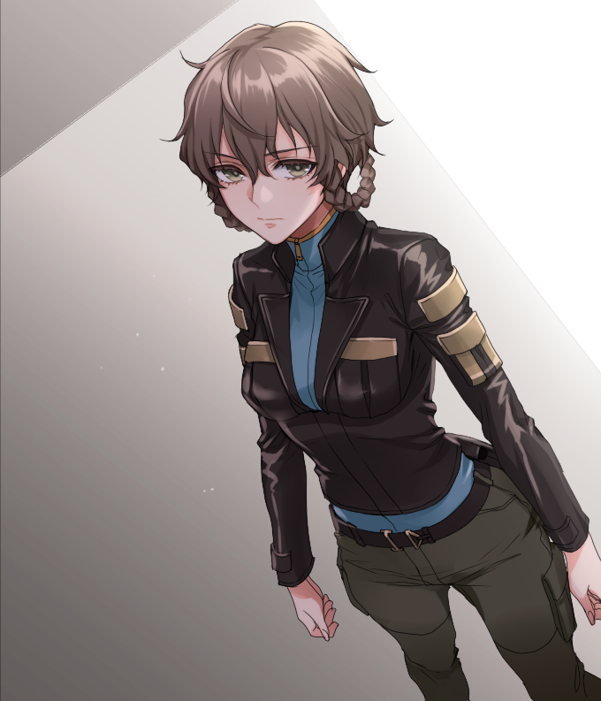 1girl amane_suzuha black_jacket braid brown_hair brown_pants chimachi eyebrows_visible_through_hair green_eyes grey_background hair_between_eyes jacket pants shiny shiny_hair standing steins;gate tied_hair twin_braids