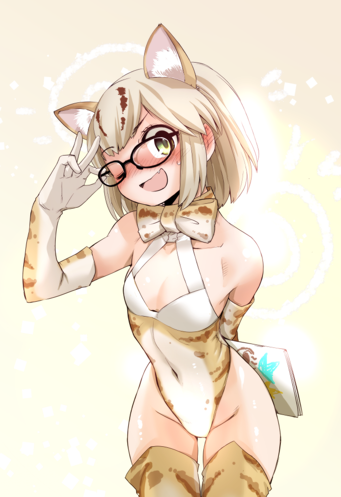 1girl adapted_costume animal_ear_fluff animal_ears black-framed_eyewear blonde_hair blush bow bowtie cat_ears cat_tail commentary_request cowboy_shot elbow_gloves ez6 fang glasses gloves highleg highleg_leotard kemono_friends leaning_forward leotard margay_(kemono_friends) margay_print multicolored multicolored_clothes open_mouth short_hair sleeveless solo tail thigh-highs