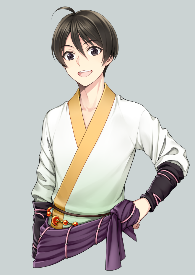 1girl ahoge black_eyes brown_hair character_request chimachi collarbone cropped_torso grey_background hand_on_hip japanese_clothes kimono magatama male_focus simple_background solo standing upper_body white_kimono