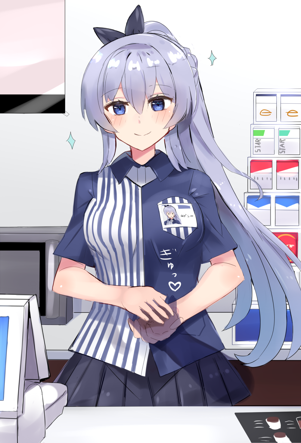 1boy 1girl alternate_costume azur_lane barcode_scanner blue_eyes blue_shirt blush braid breasts cash_register cigarette_box collared_shirt convenience_store employee_uniform french_braid highres holding_hand large_breasts lavender_hair lawson long_hair microwave name_tag pleated_skirt rodney_(azur_lane) shirt shop short_sleeves side_ponytail skirt smile sparkle striped striped_shirt uniform vertical-striped_shirt vertical_stripes very_long_hair violet_eyes xenonstriker