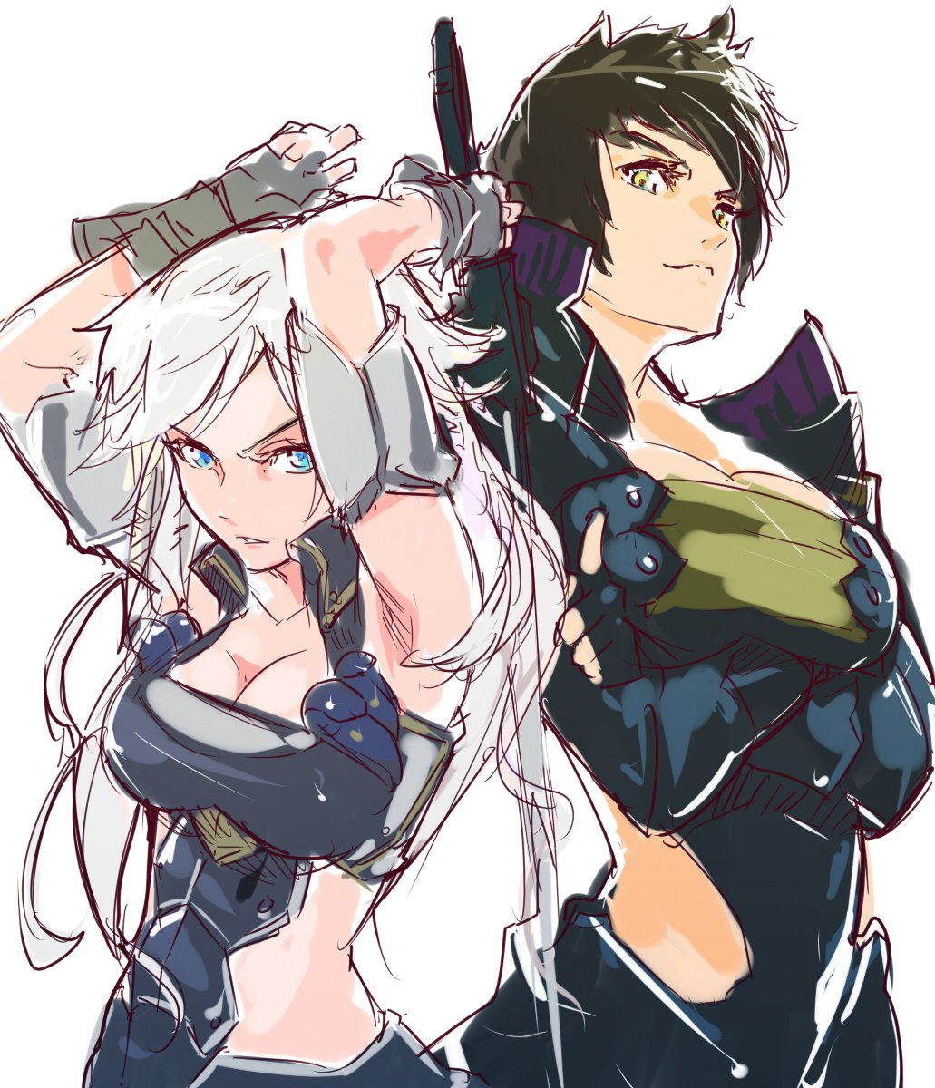 2girls armor breasts crossed_arms genderswap gloves highres long_hair looking_at_viewer metsu_(xenoblade) multiple_girls nintendo open_mouth pauldrons shin_(xenoblade) short_hair shrimqsleeq simple_background smile sword weapon white_hair xenoblade_(series) xenoblade_2 xenoblade_2:_ogon_no_kuri_ira yellow_eyes