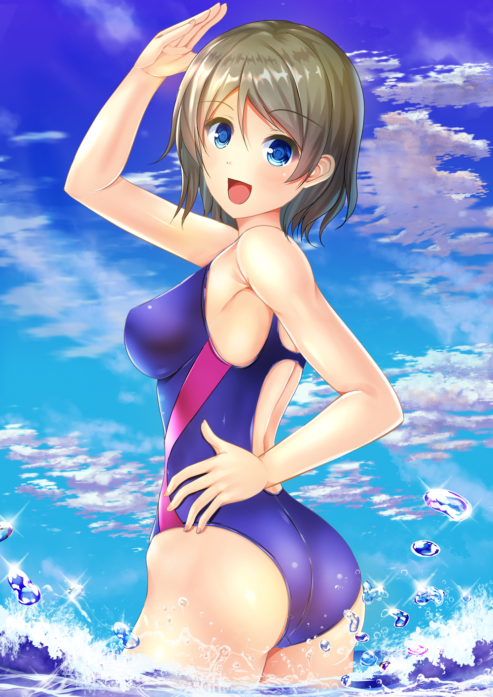 1girl ass blue_eyes blue_sky blue_swimsuit clouds competition_swimsuit day grey_hair hand_on_hip highleg highleg_swimsuit highres looking_at_viewer looking_back love_live! love_live!_sunshine!! miyazaki_yukichi one-piece_swimsuit open_mouth outdoors salute short_hair sky smile solo standing swimsuit watanabe_you water