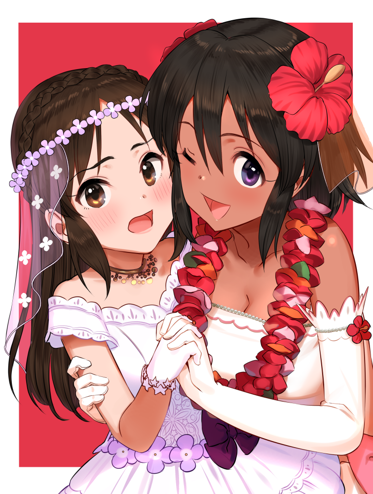 2girls ;d bangs bare_shoulders black_hair blush breasts brown_eyes brown_hair cleavage collarbone commentary_request dark_skin dress elbow_gloves eyebrows_visible_through_hair flower gloves hair_between_eyes hair_flower hair_ornament hand_holding idolmaster idolmaster_cinderella_girls interlocked_fingers medium_breasts multiple_girls natalia_(idolmaster) one_eye_closed open_mouth pettan_p purple_dress purple_flower red_background red_flower see-through smile strapless strapless_dress tachibana_arisu two-tone_background veil violet_eyes white_background white_dress white_gloves