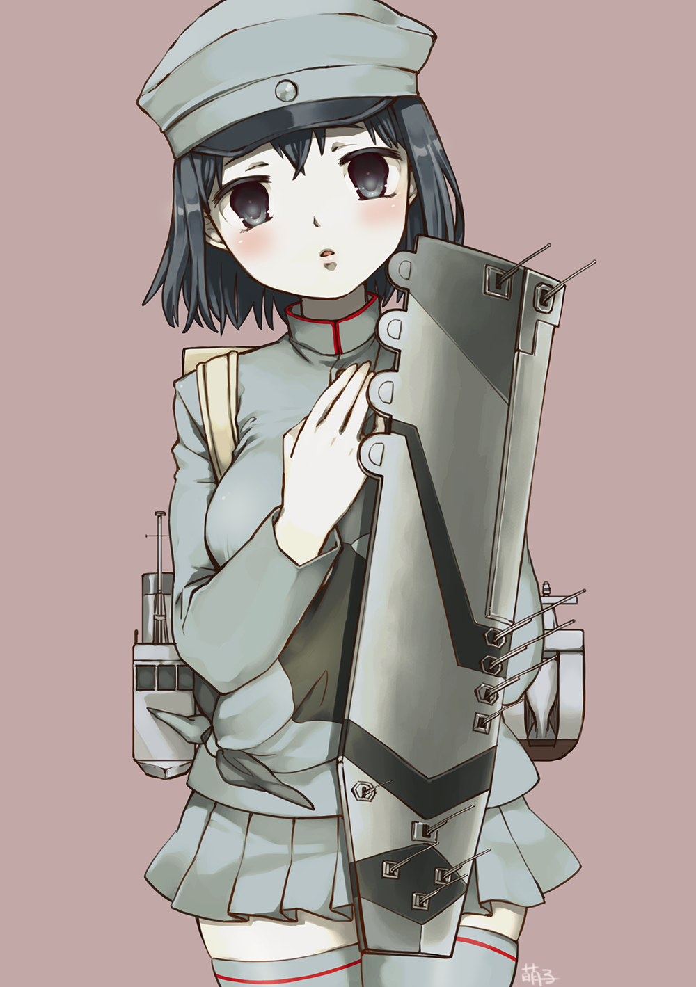 10s 1girl akitsu_maru_(kantai_collection) backpack bag black_eyes black_hair blush breasts flight_deck gloves grey_legwear gun hat highres kantai_collection machine_gun military military_uniform moeko pale_skin peaked_cap personification pleated_skirt randoseru short_hair skirt solo thigh-highs uniform weapon white_gloves